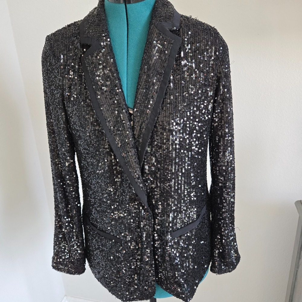 Cable & Gauge Sequin Jacket Womens XS Black Lined 1-Button Blazer Disco Party